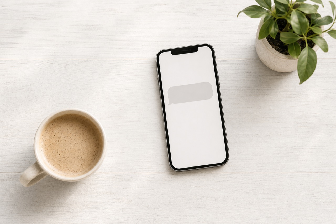 A phone on a desk showing an empty chat bubble — ready for a ¯_(ツ)_/¯